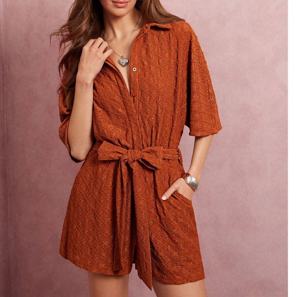 Boho Rust Batwing Sleeve Button Belted Romper - Picture 3 of 5